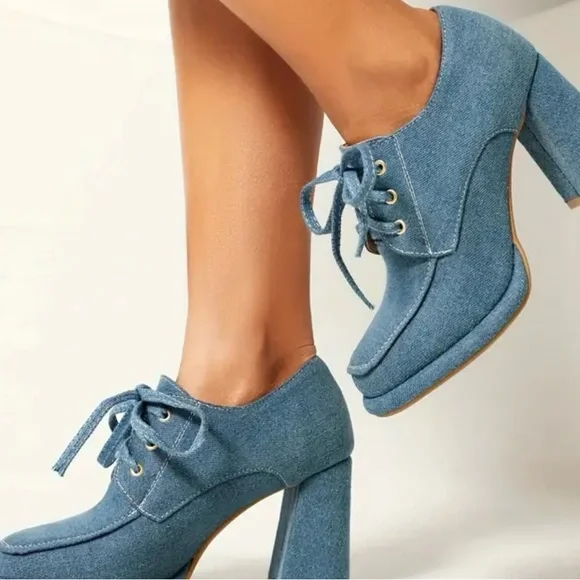 Blue Chunky Heel Lace-Up Pumps - Picture 1 of 3